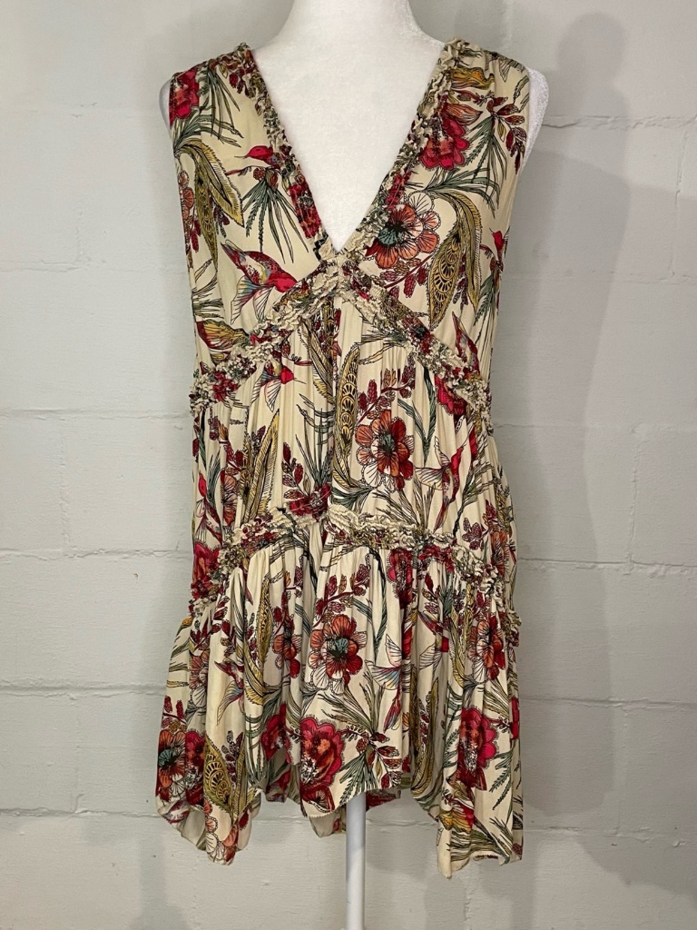Free People Cream Floral V-Neck Tiered Mini Dress with Red & Green Print